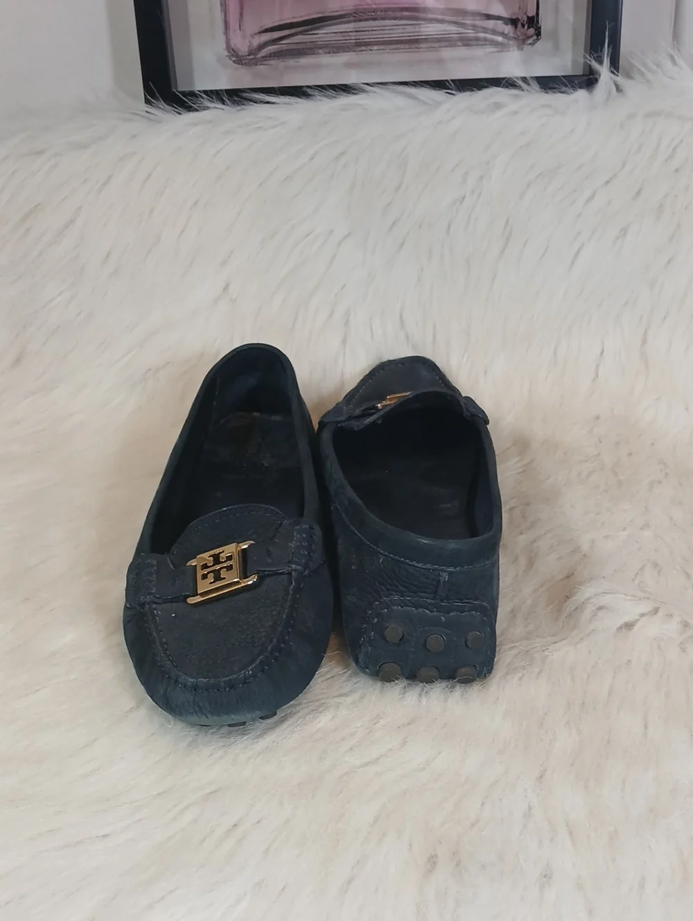 Tory Burch Navy Suede Gold-Logo Driving Loafers Sz 9M Women's